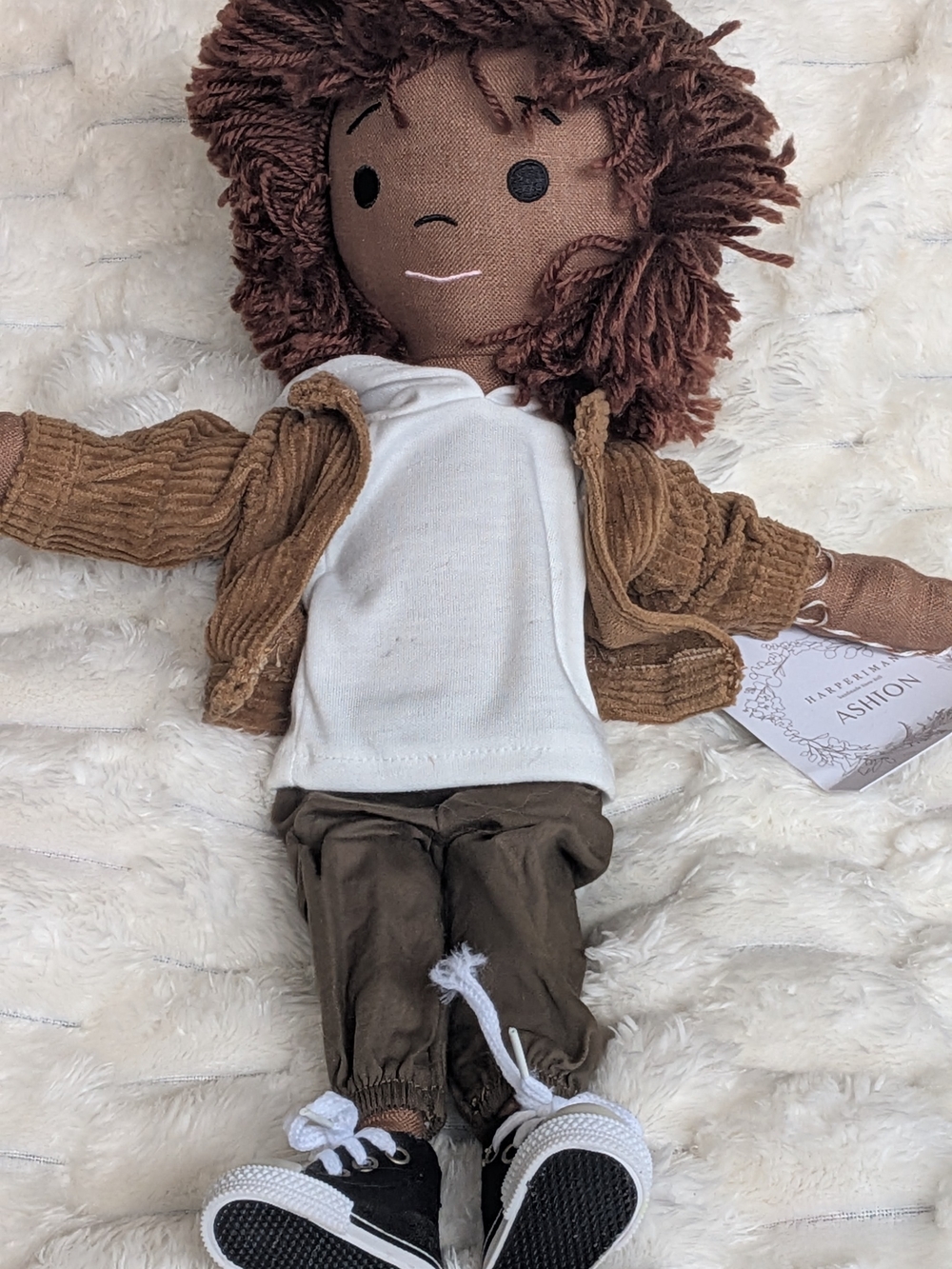 Brown Yarn-Haired Rag Doll with White Shirt - Kids Toy